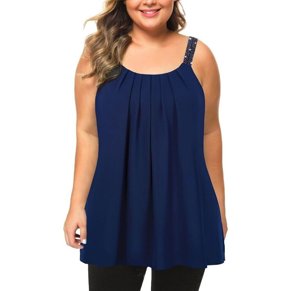 MANER Women's Cami Casual Pleated Chiffon Tank Top with Beaded Strap XXL
